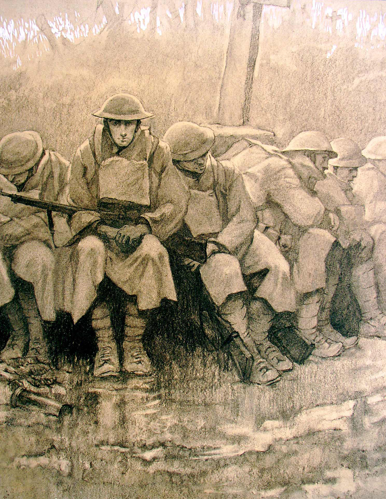 Watercolor sketch of WWI soldiers in mud